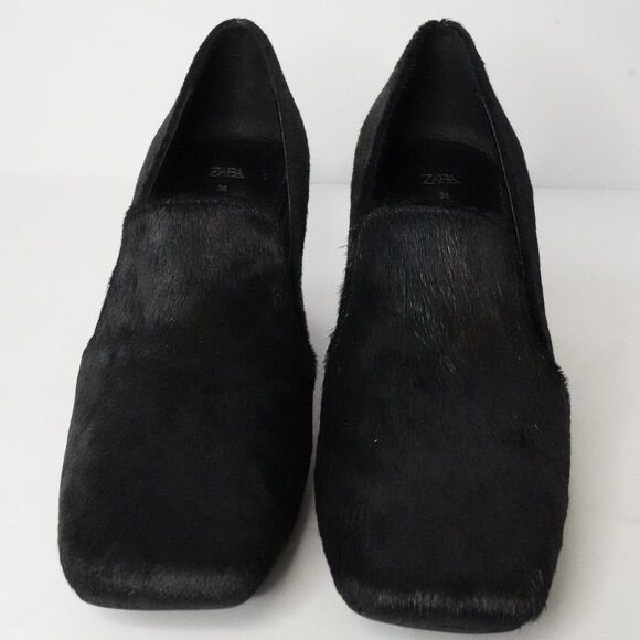 Zara, Hair Fur Curved Block Heel Square Toe Heels, Black - Picture 2 of 10